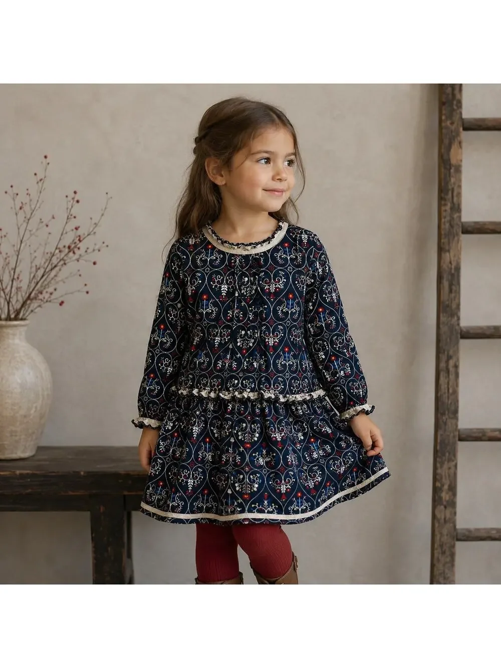 Hanna Andersson Navy Floral Brushed Cotton / Flannel Long Sleeve Dress 100 - 4y
